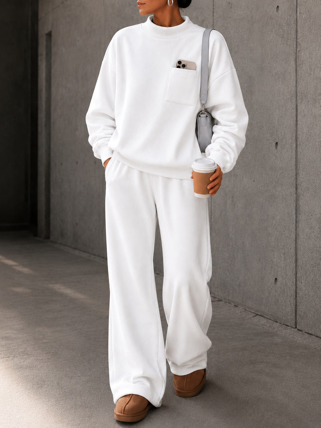 Women's Loose Stand Collar Sweatshirt & Wide-Leg Pants Set Solid Color Casual Sportswear