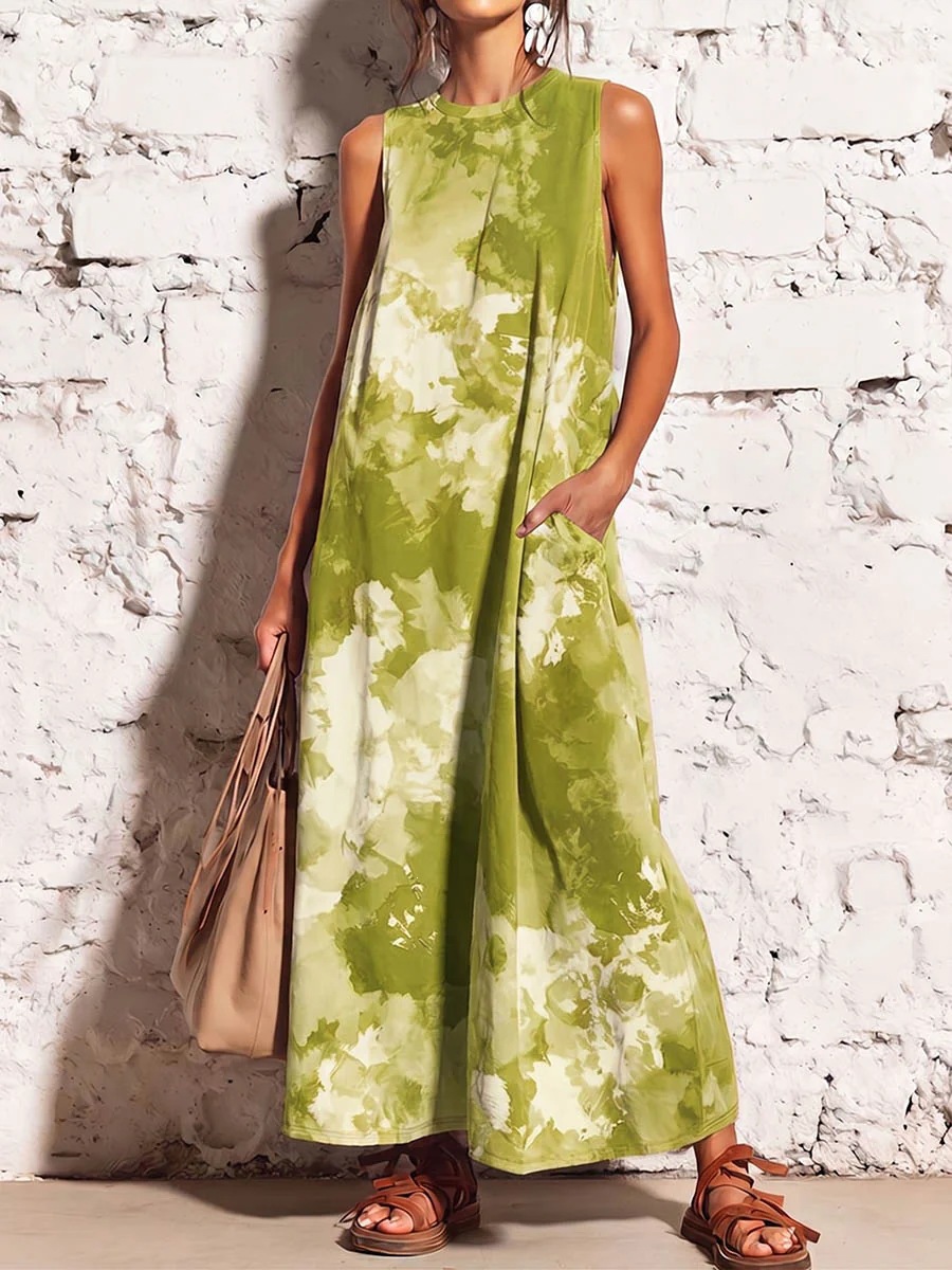 Women's Summer Round Neck Dress Solid Color Pocket Casual Straight Midi