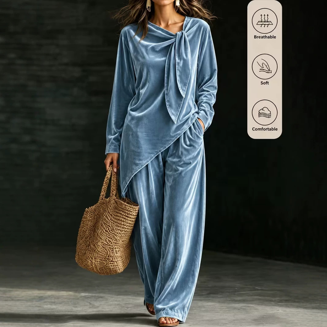Women's Velvet Lounge Set Long Sleeve Top & Wide-Leg Pants