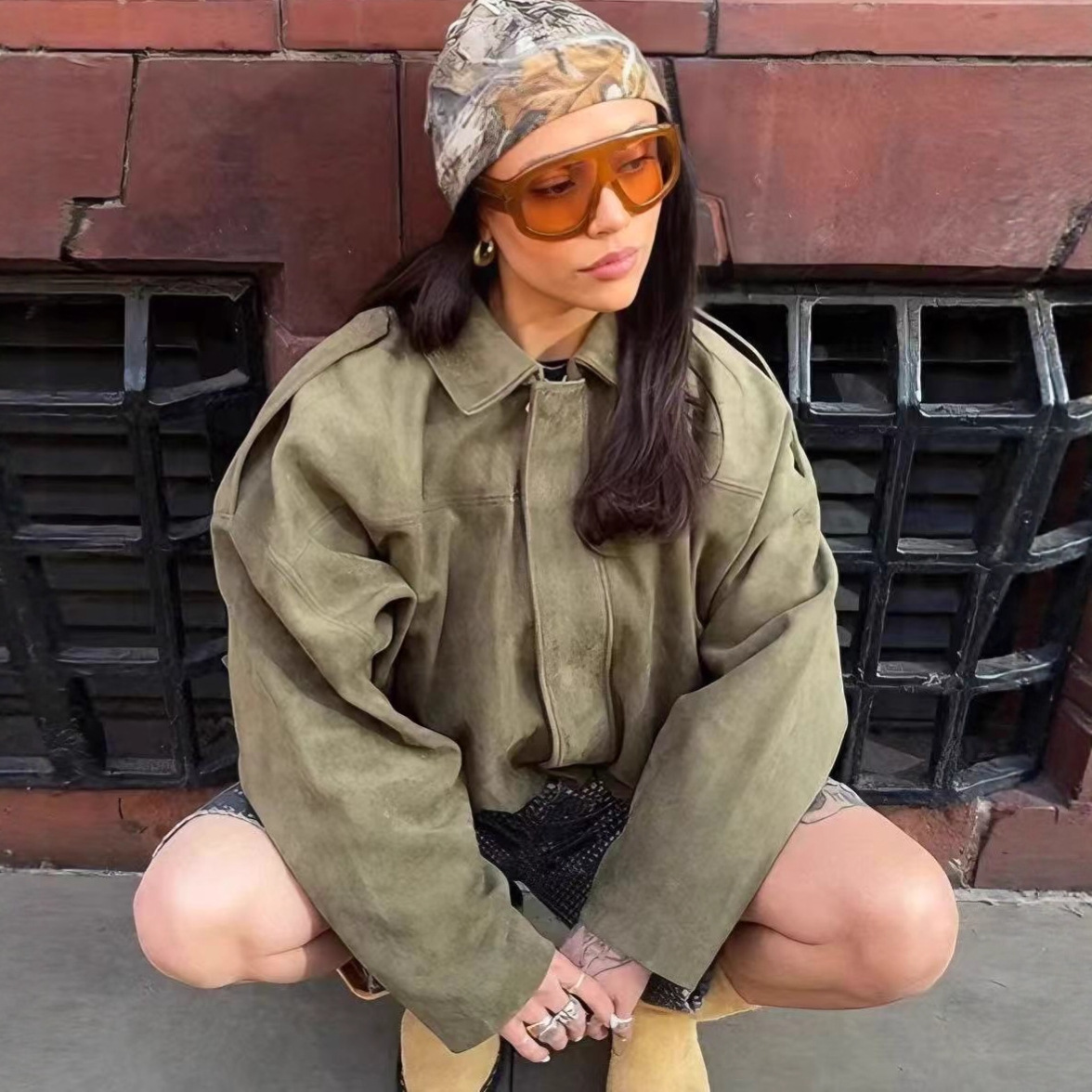 Faux Suede Bomber Jacket with Batwing Sleeves and Zip Front