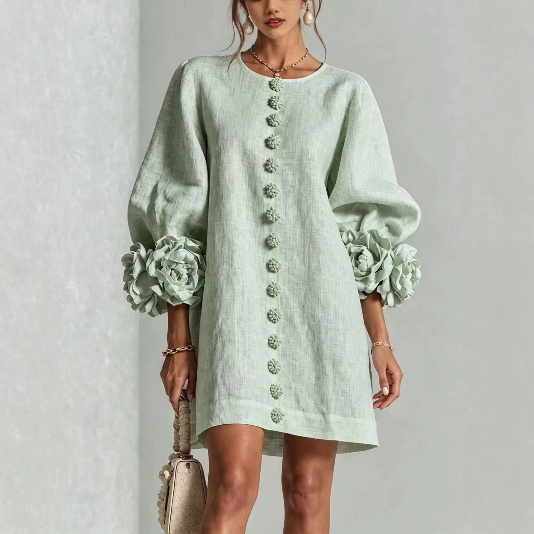 French 3D Floral Lantern Sleeve Cotton Linen Dress Round Neck Button Front Loose Short