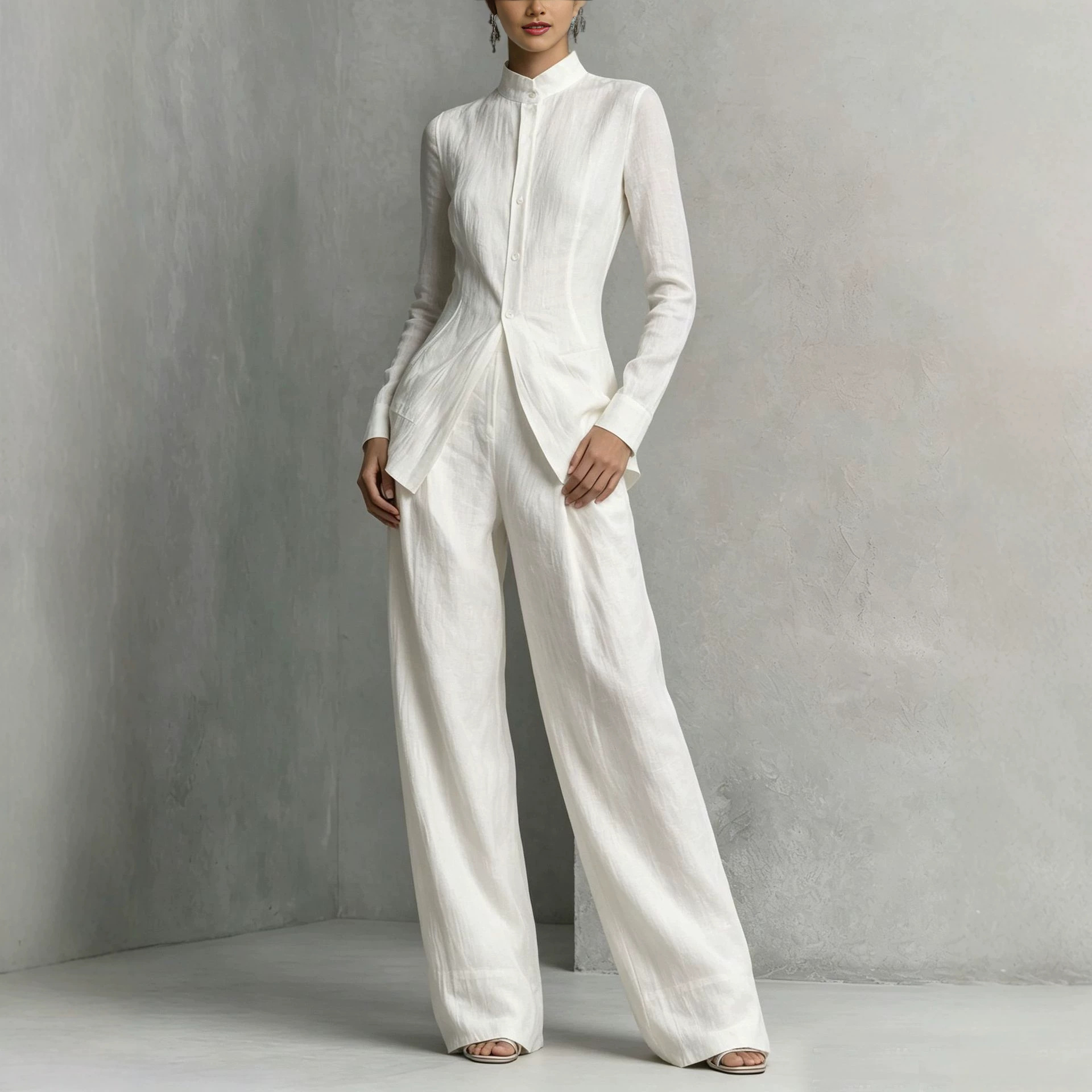 Women's French Stand Collar Long Sleeve Fitted Shirt and Wide Leg Pants Set Minimalist Two-Piece