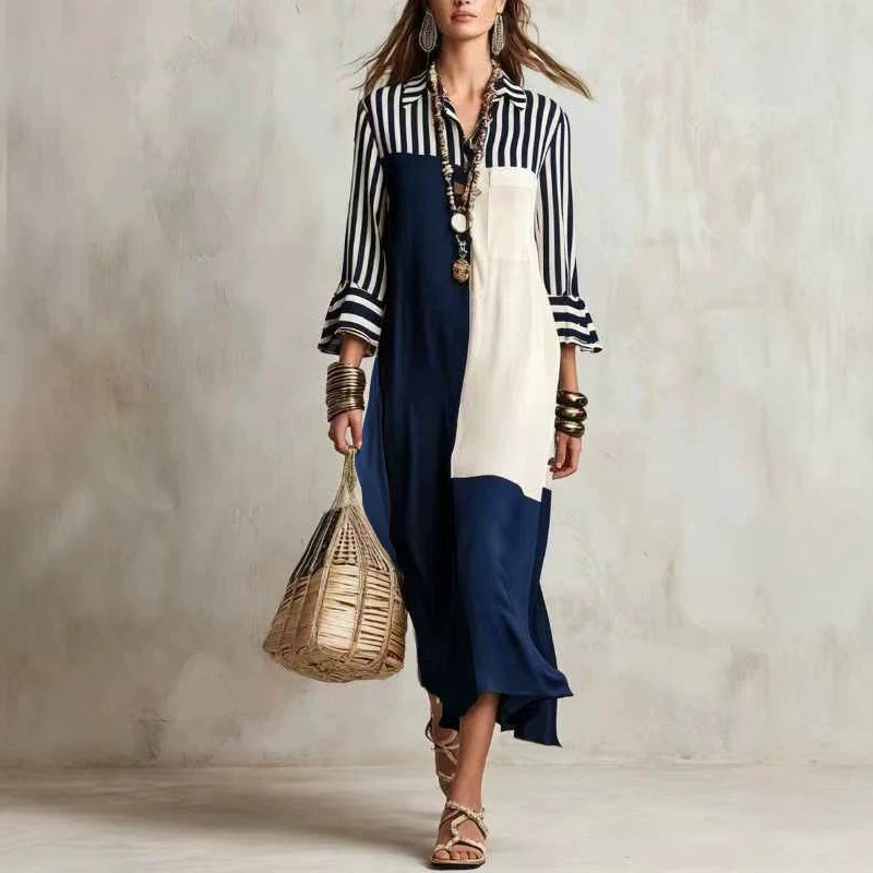 Striped Color-Block Shirt Dress with Three-Quarter Sleeves