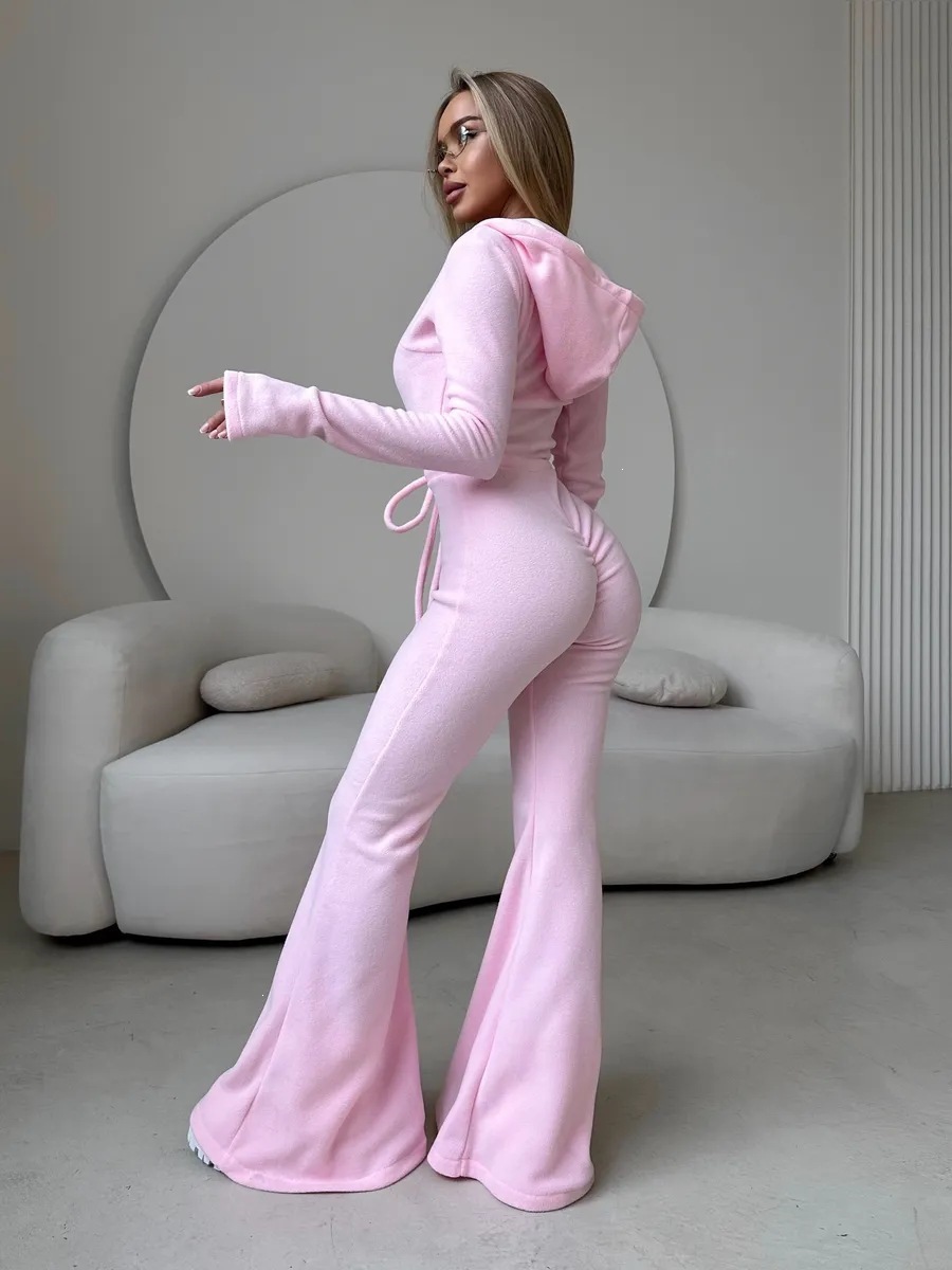 Fleece Slim-Fit Hooded Jumpsuit with Full Front Zip and Waist Tie