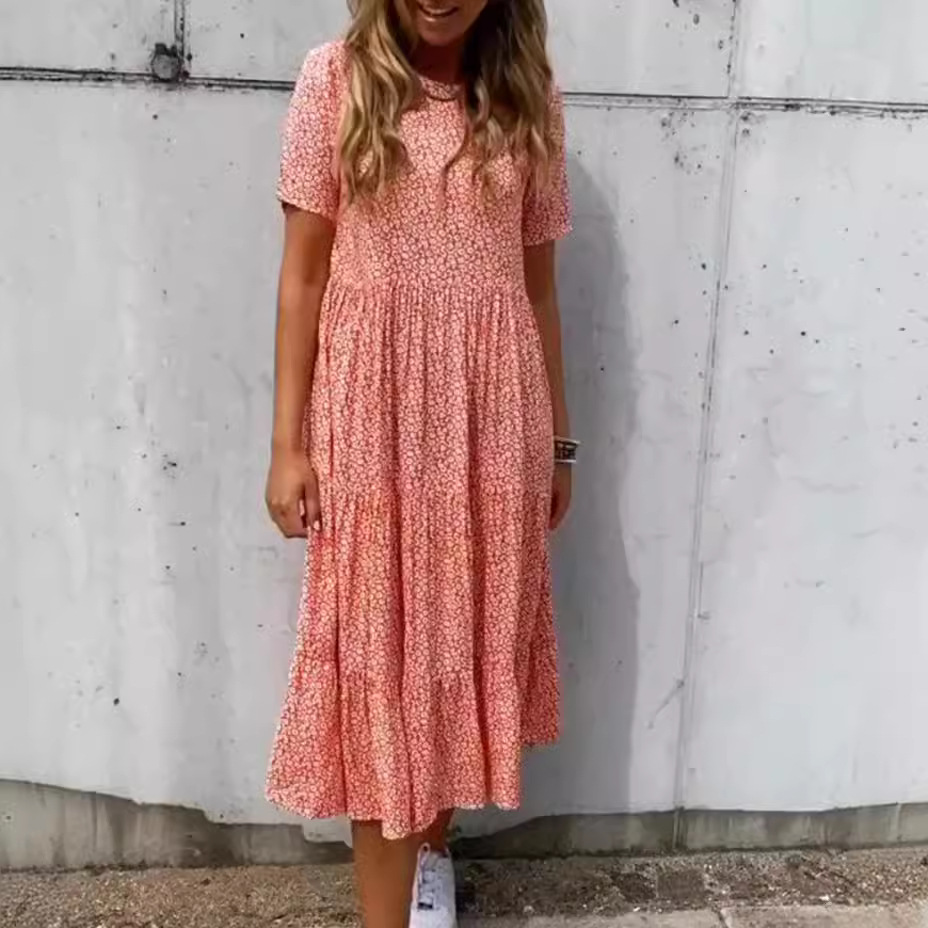 Floral Print Round Neck Short Sleeve Maxi Dress