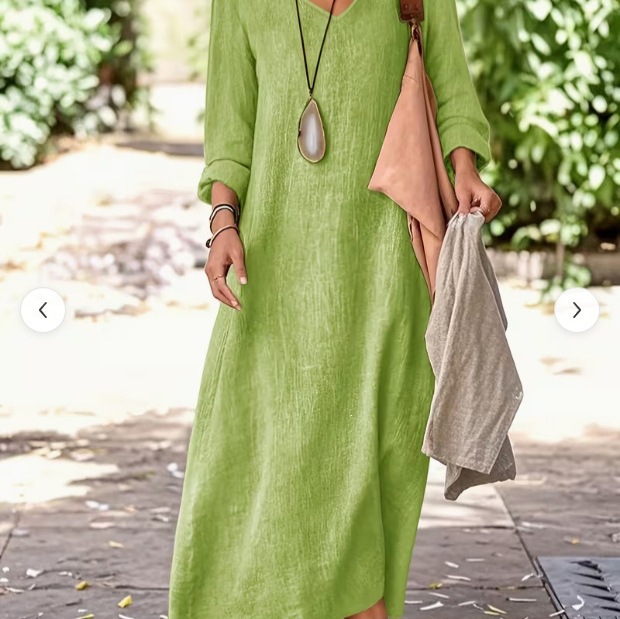 Women's Solid V-Neck Loose Long Dress with Flared Hem