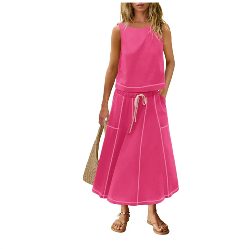 Women's Sleeveless Tank Top and Midi Skirt Two-Piece Set Colorblock
