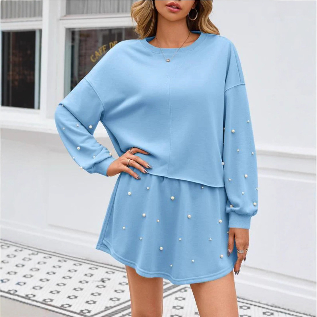 Women's Summer Long Sleeve Round Neck Solid Pearl Two-Piece Set