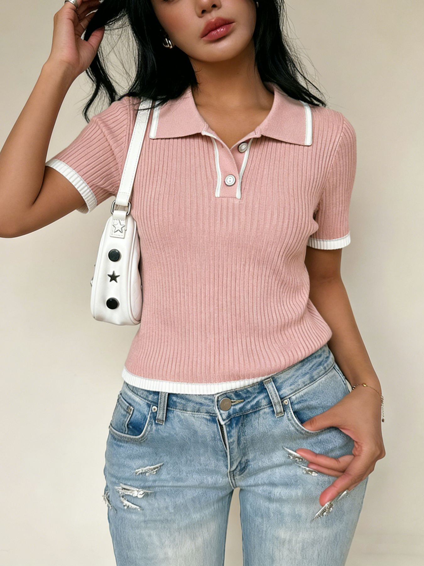 Women's Color-Block Collared Polo Shirt Casual Commuter Top