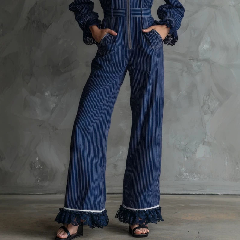 Dark Blue Striped Lace Trim Jumpsuit