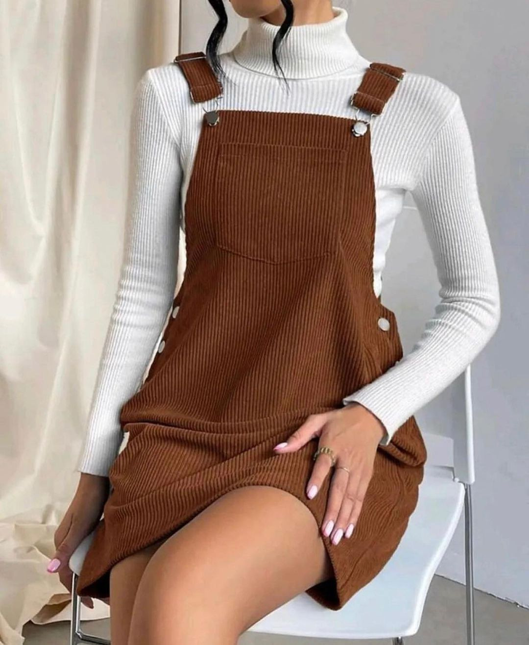 Corduroy Sleeveless A-Line Pinafore Dress Square Neck Solid Color