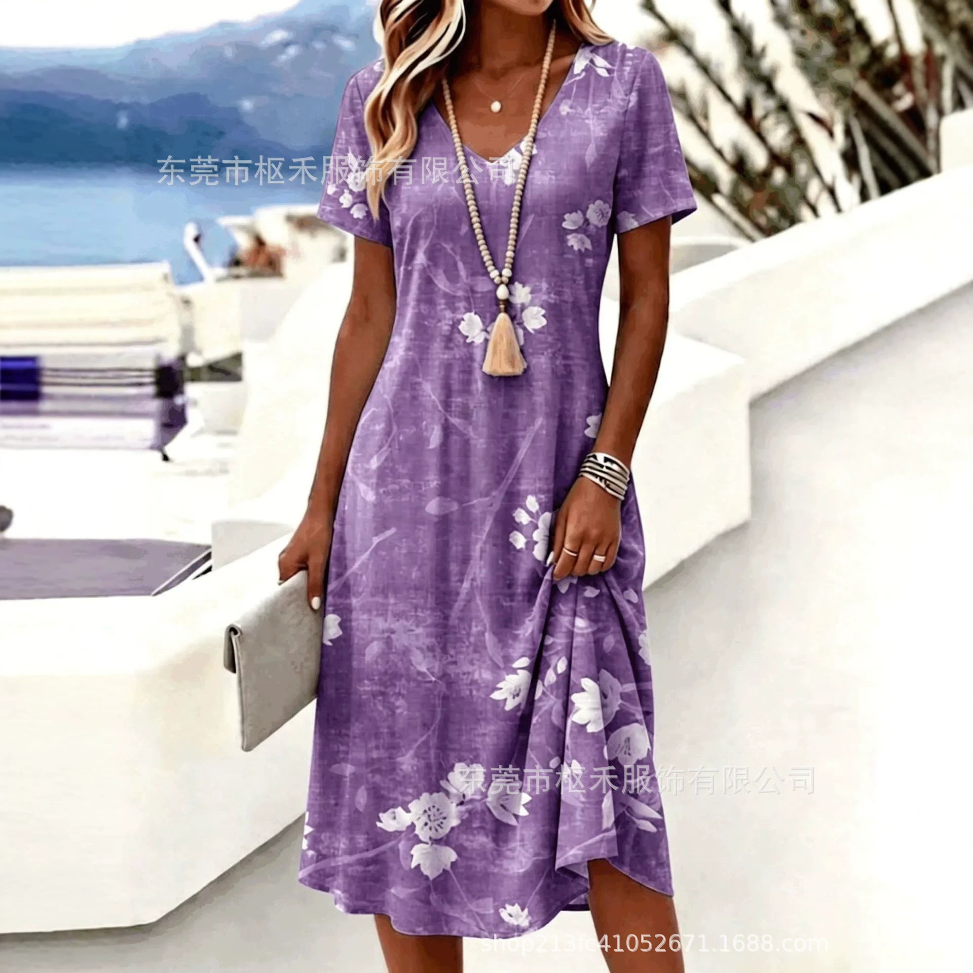Women's Vintage Blue Print V-Neck Short Sleeve Midi Dress
