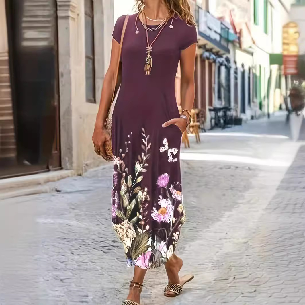 Floral Print Pocket Midi Dress Casual Short Sleeve A-Line
