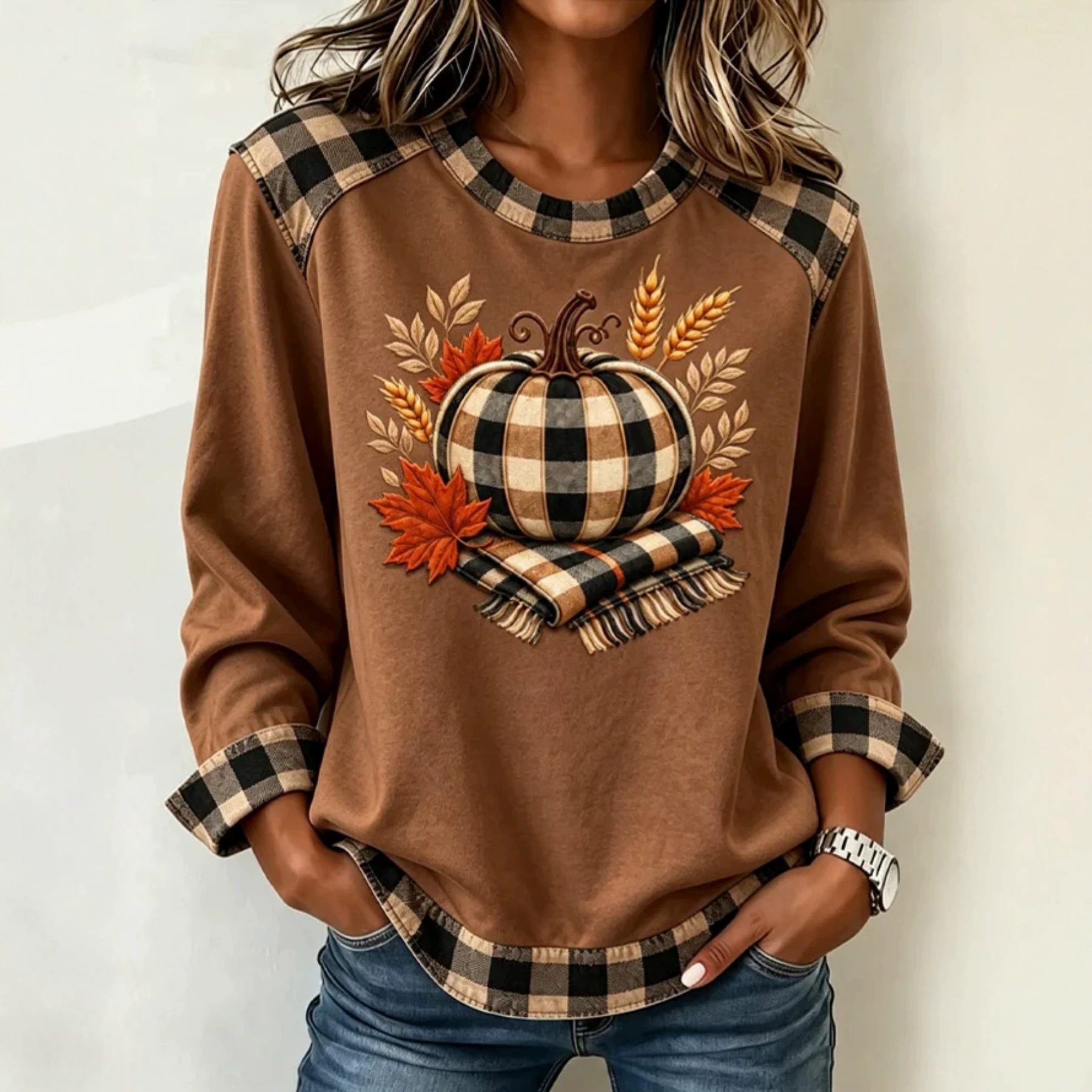 Pumpkin Maple Leaf Plaid Print Crewneck Long Sleeve Pullover Sweatshirt