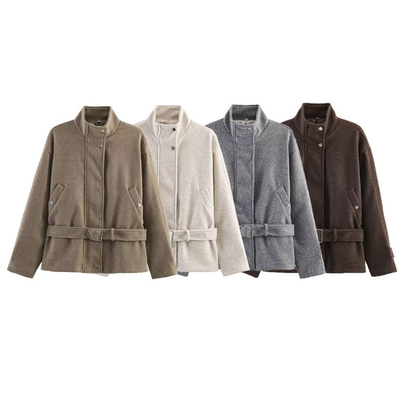 Women's Loose Zip Belted Stand Collar Woolen Jacket