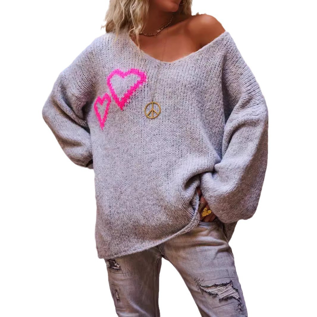 Women's Loose Heart Jacquard Off-Shoulder Knit Sweater Long Sleeve