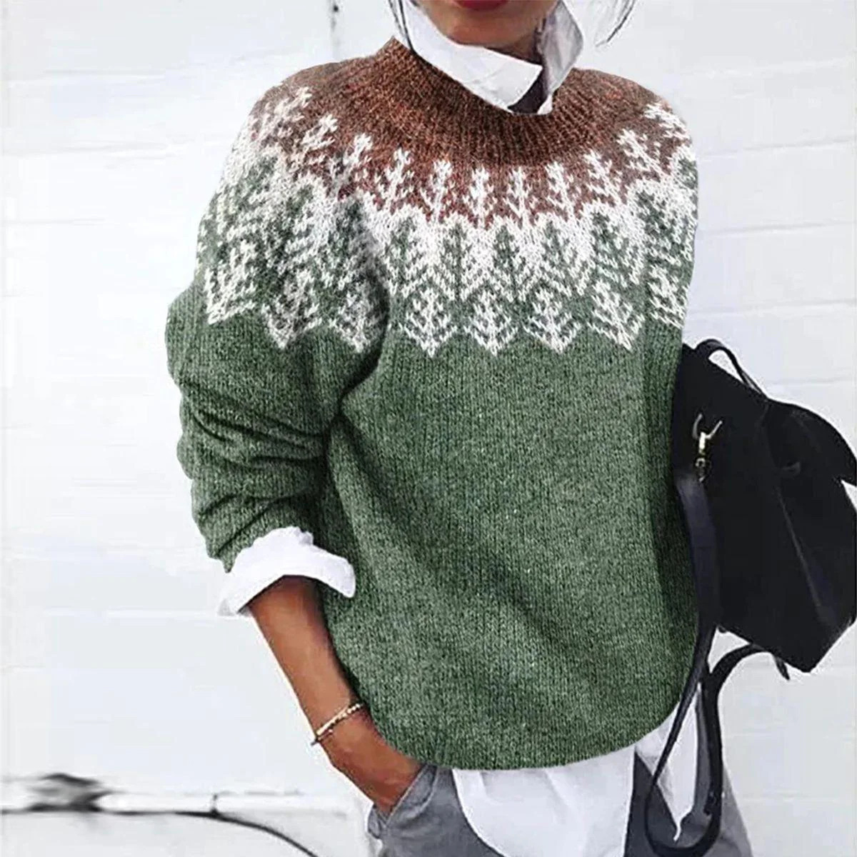 Women's Printed Crewneck Soft Knit Sweater Casual Cardigan