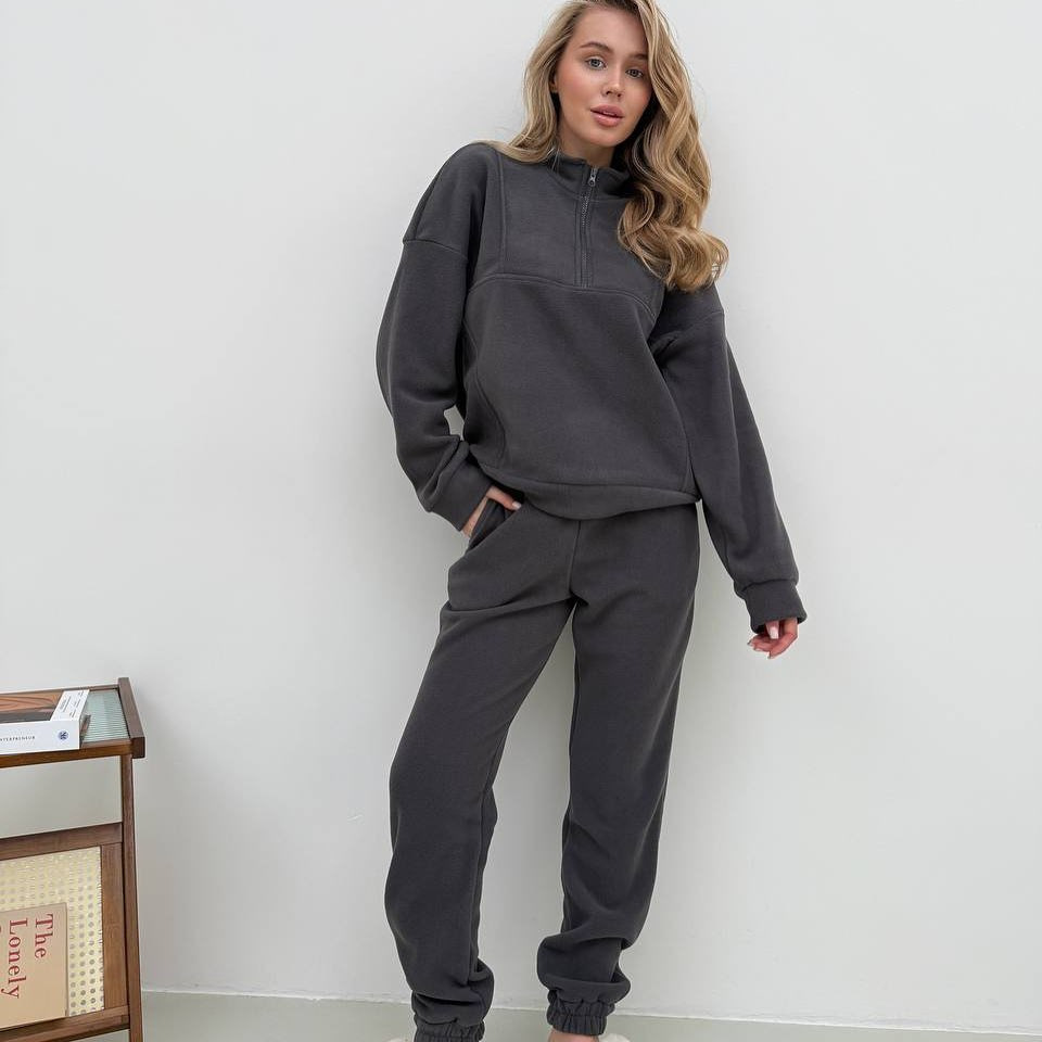 Women's Fleece Two-Piece Set Long Sleeve Zip Neck Pullover & Elastic Waist Pants
