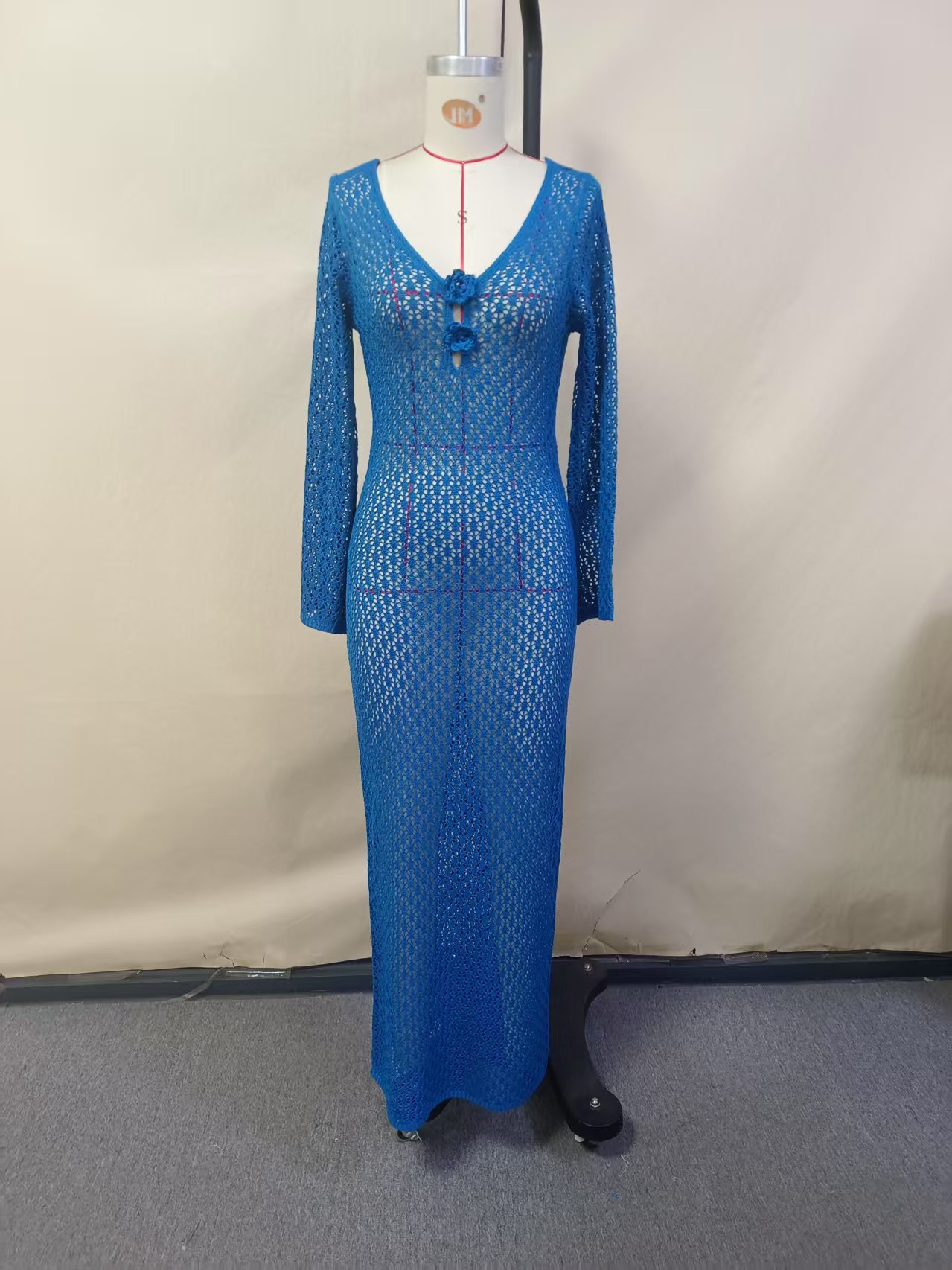 Women's Slim-Fit Long Sleeve Openwork Knit Dress with V-Neck and Open Back
