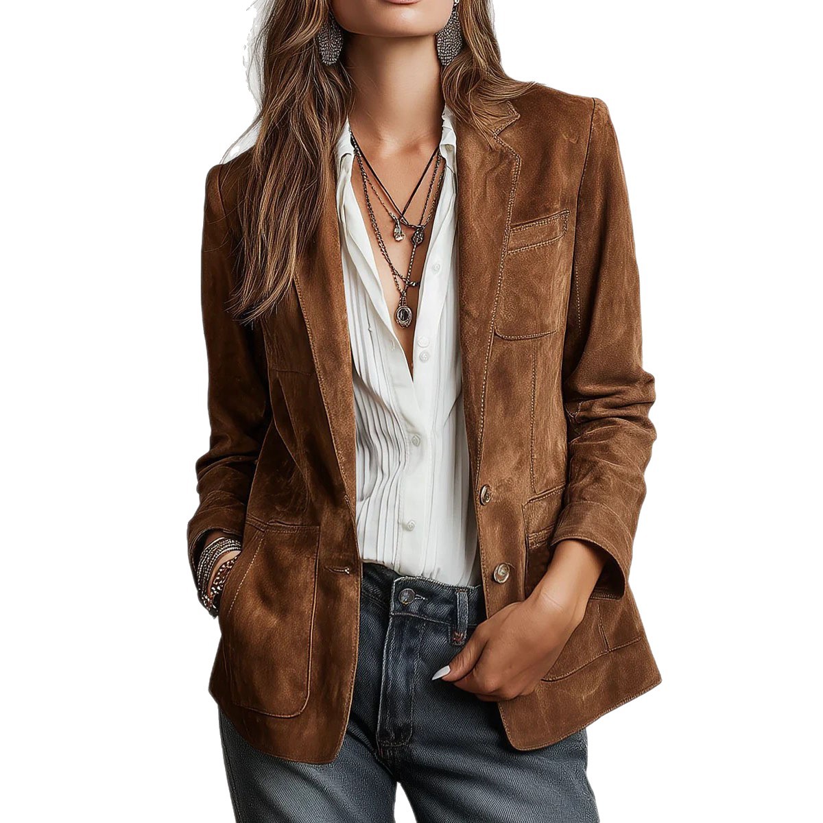 Women's Blazer-Style Jacket with Suit Collar, Commuter Fit, Polyester, Mid-Length