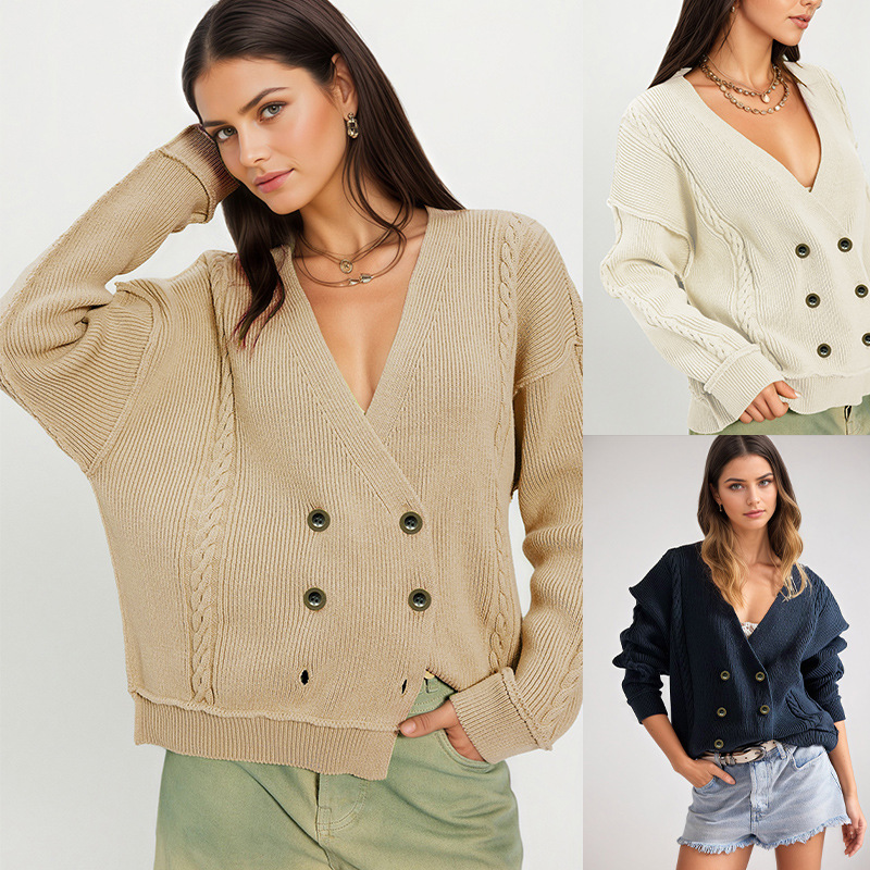 Solid V-Neck Button-Up Knit Cardigan Long Sleeve
