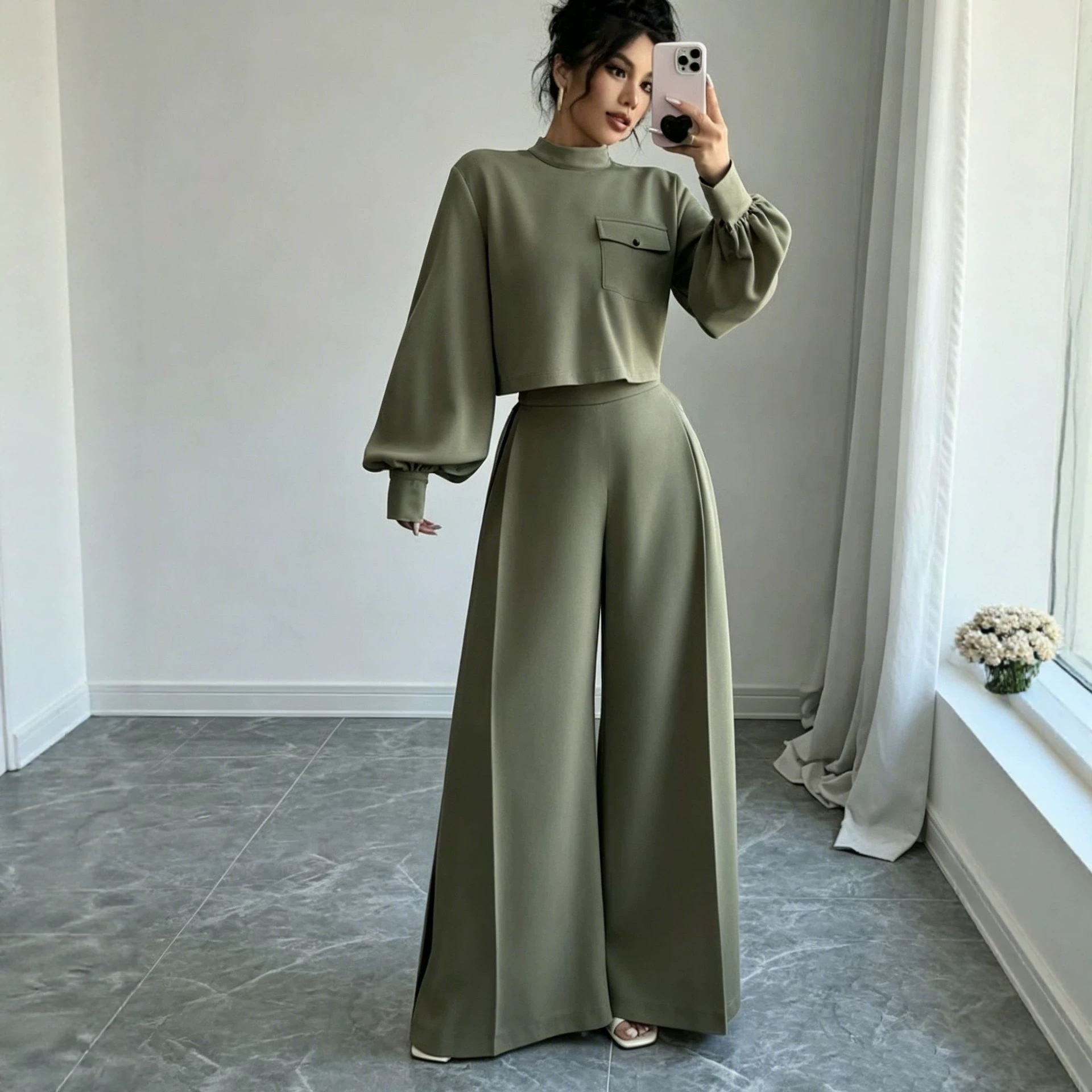 Women's Solid Wide-Leg Pants Set with Lantern-Sleeve Crop Top