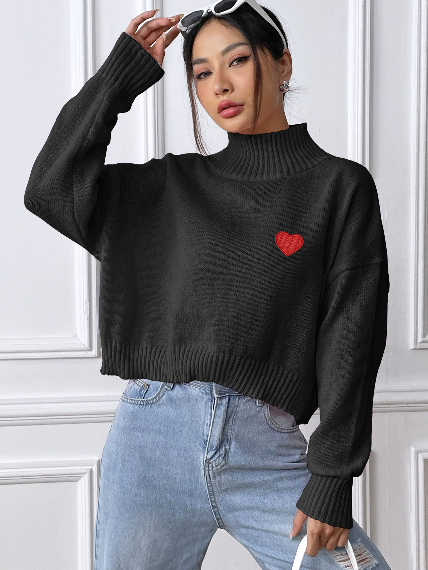 Women's Cropped Turtleneck Sweater with Heart Patch