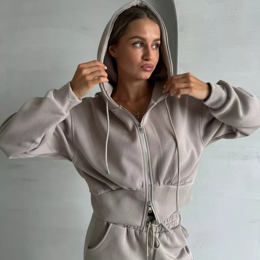 Women's Cotton Blend Zip-Up Hoodie and Drawstring Pants Two-Piece Set