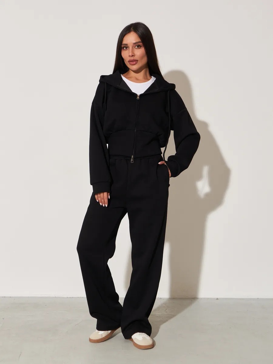Women's Solid Color Zip Hooded Cardigan and Wide-Leg Pants Two-Piece Set
