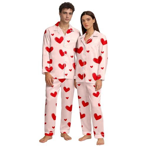 Cuban Collar Heart Print Long Sleeve Women's Set