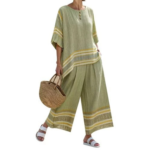 Women's Striped Print Crewneck 3/4 Sleeve Top & Pants Casual Set