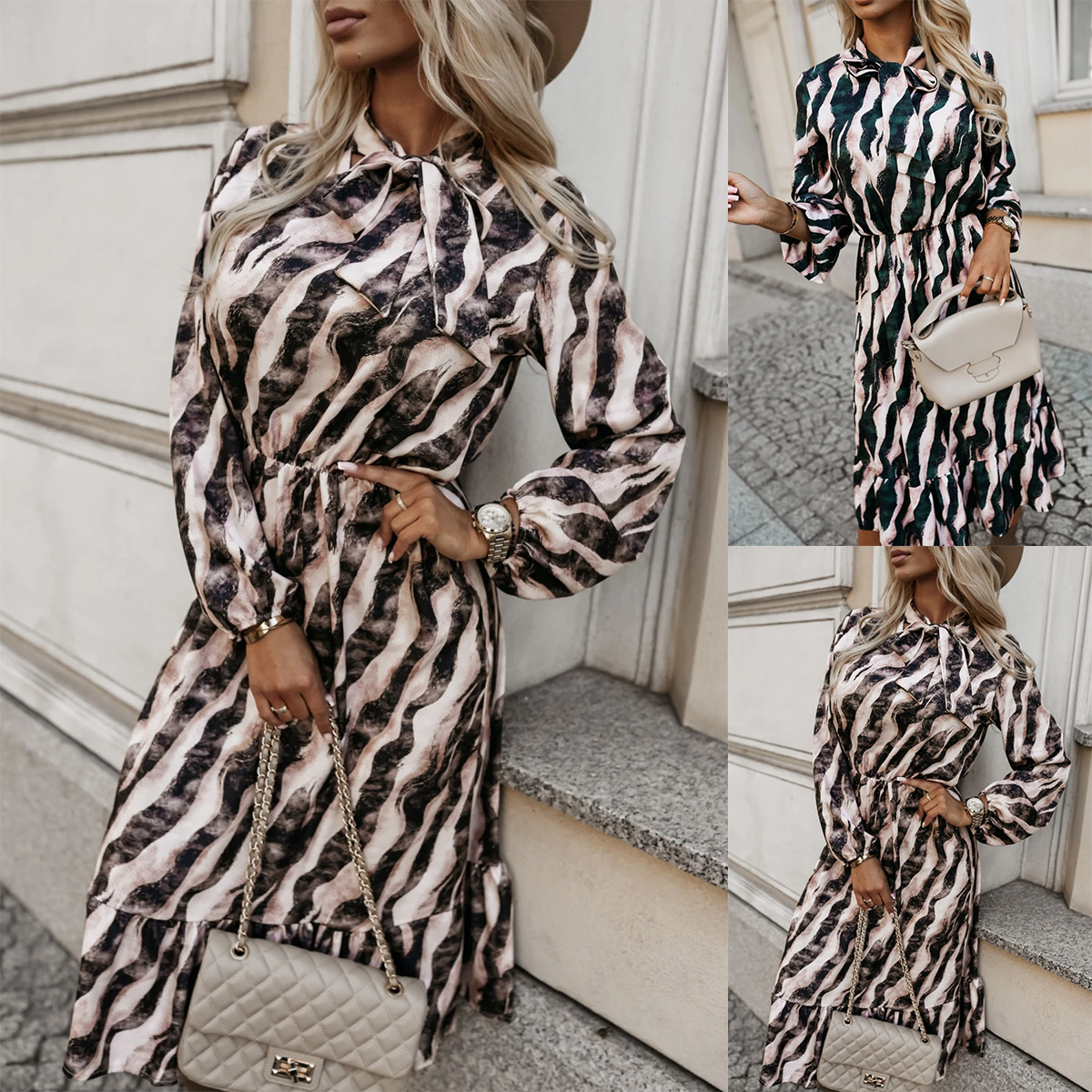 Sweet Bow Waist Zebra Print Long Sleeve Midi Dress