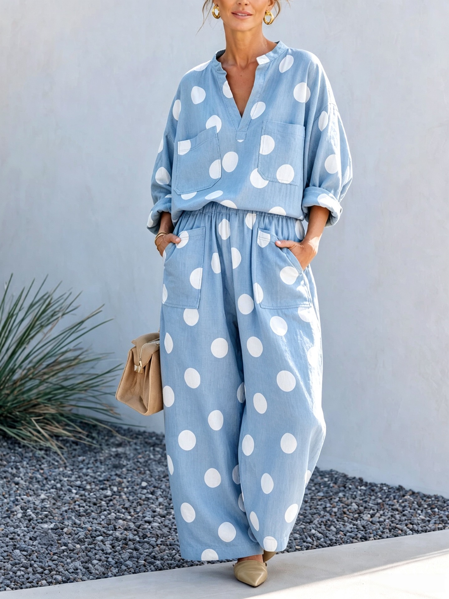 Women's V-Neck Long Sleeve Top and Wide-Leg Pants Two-Piece Set