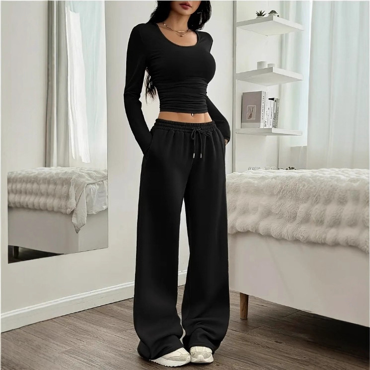 Women's Casual Wide-Leg Two-Piece Set Long Sleeve Crew Neck Solid Color Slim Fit