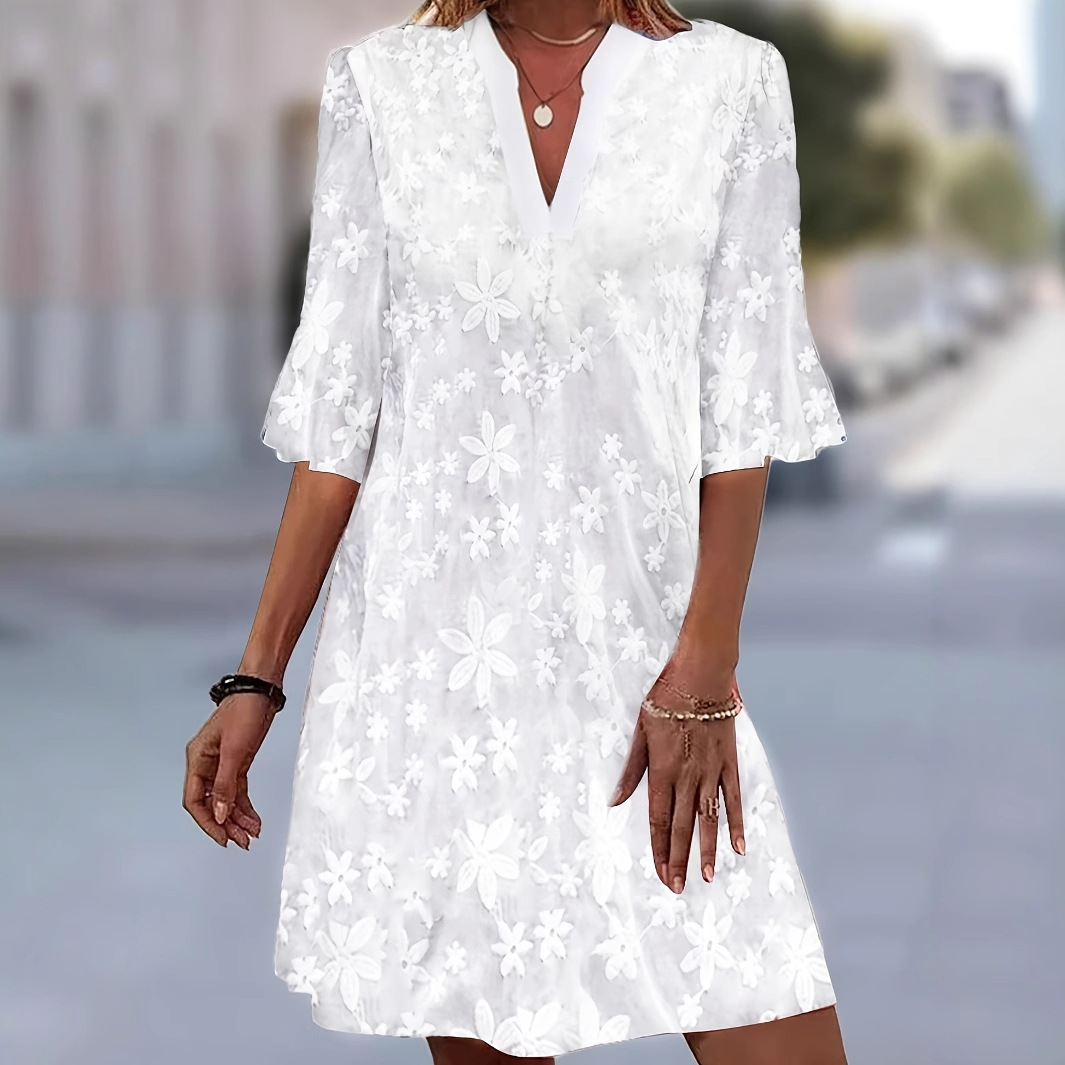 White V-Neck Floral Embroidered Midi Dress with Half Sleeves