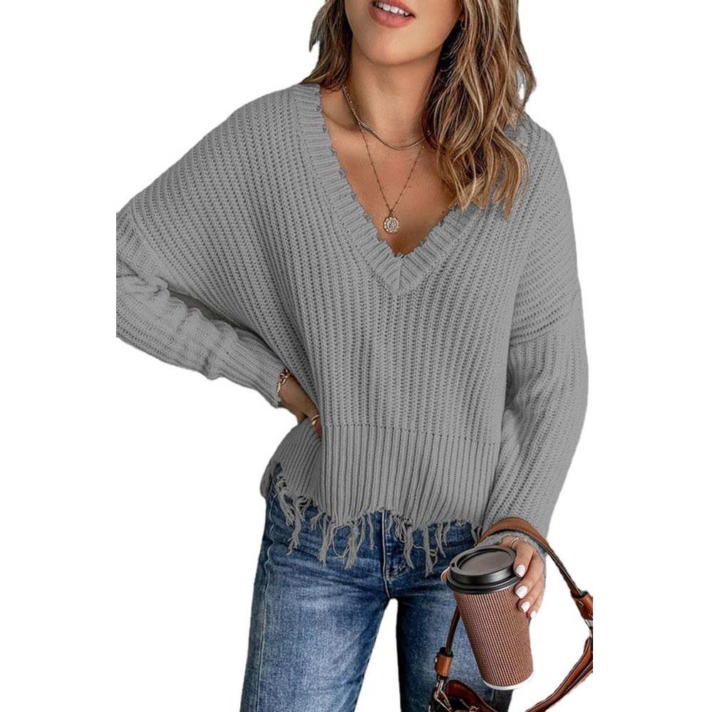 Women's Cotton Fringe Distressed Knit Sweater