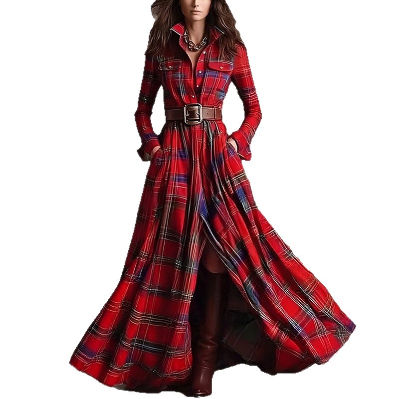Women's Retro Plaid A-Line Long Sleeve Midi Dress with Irregular Hem