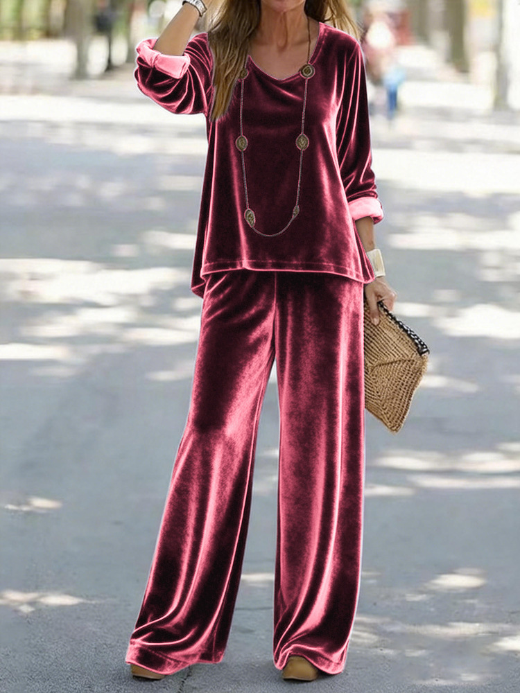 Women's Velvet V-Neck Long Sleeve Top and Pants Set Casual Multi-Color