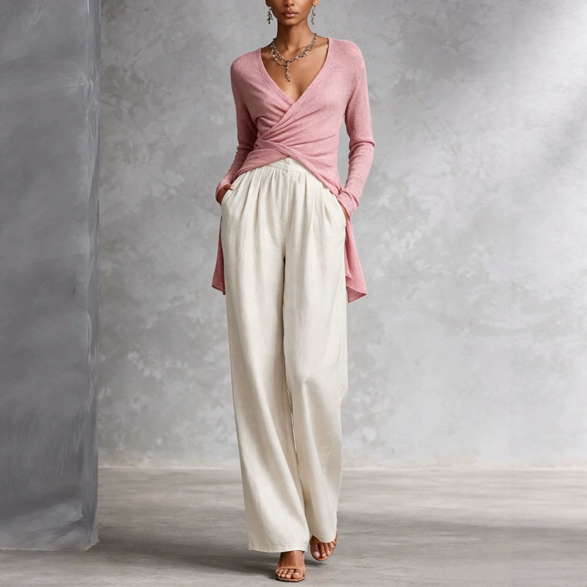 Women's Long Sleeve V-Neck Cross Waist Top and Pants Set