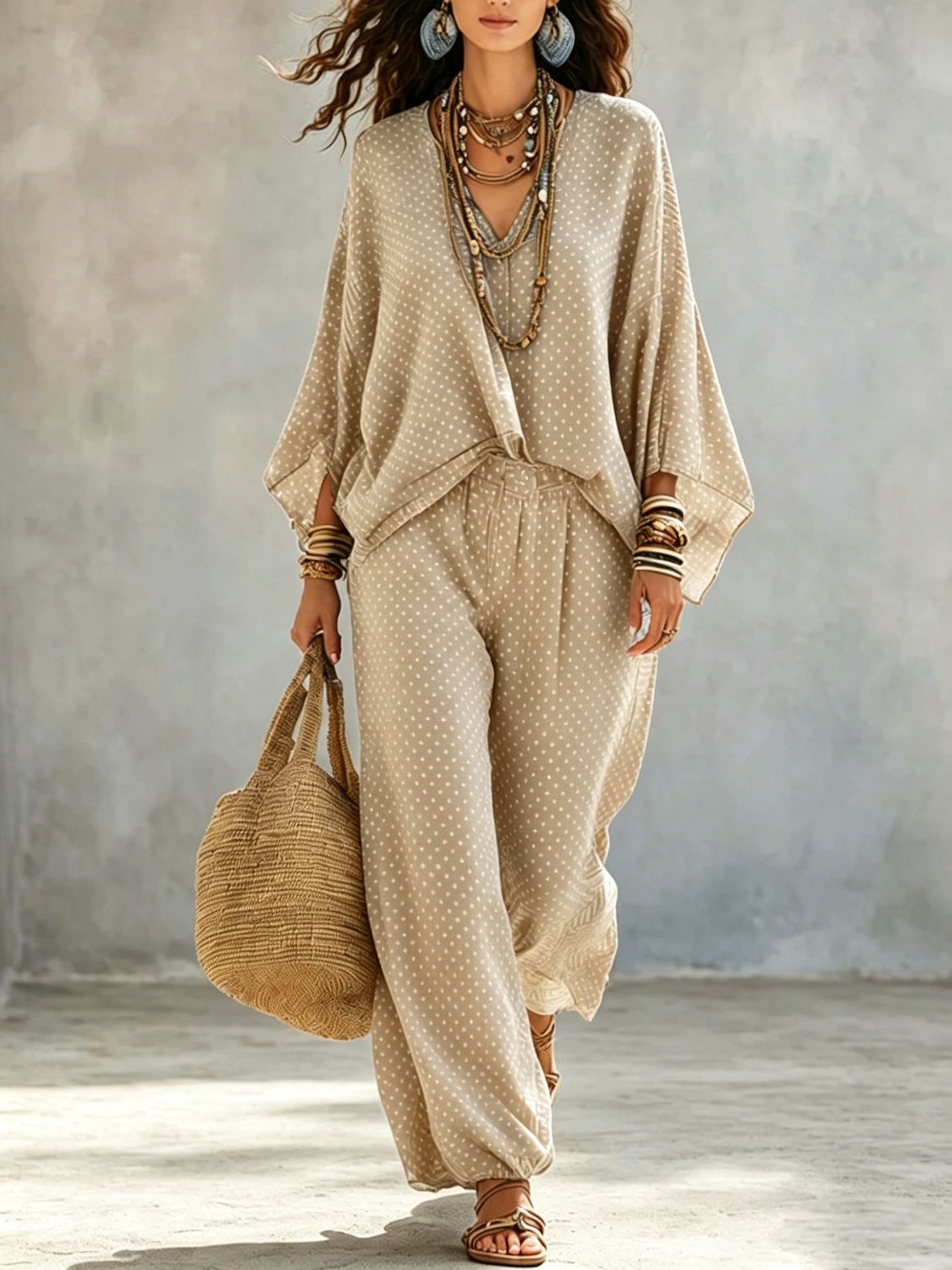 Women's Vintage Print Batwing Sleeve Top and Jogger Pants Set