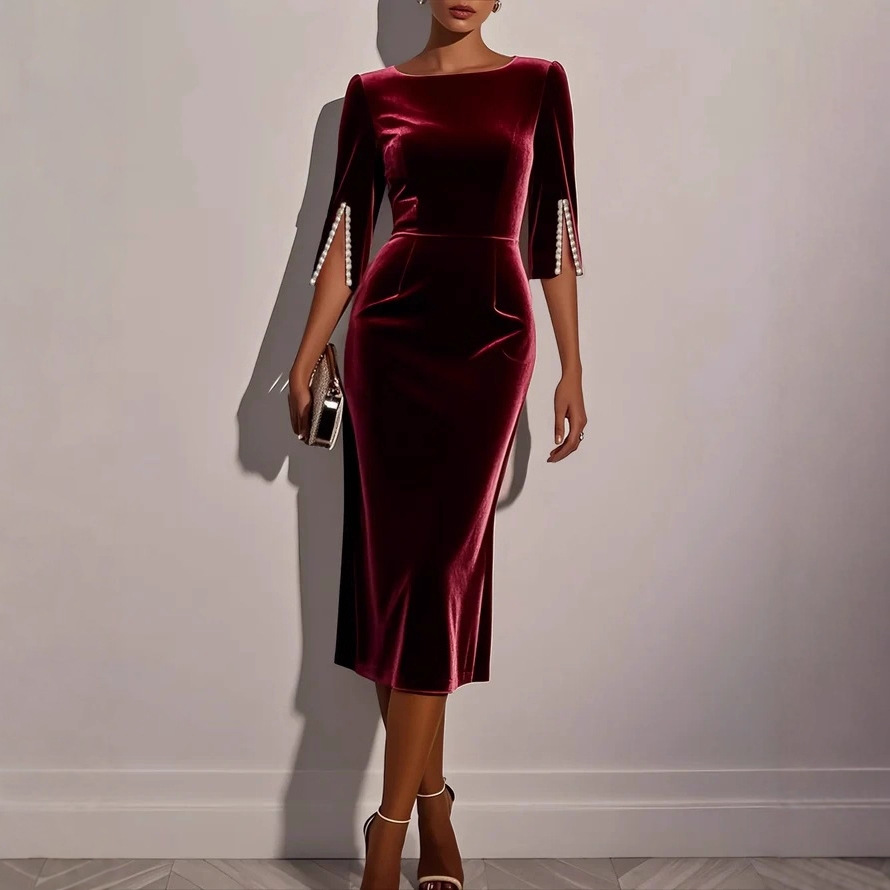 Solid Beaded Slim-Fit Midi Dress with Waist-Cinching