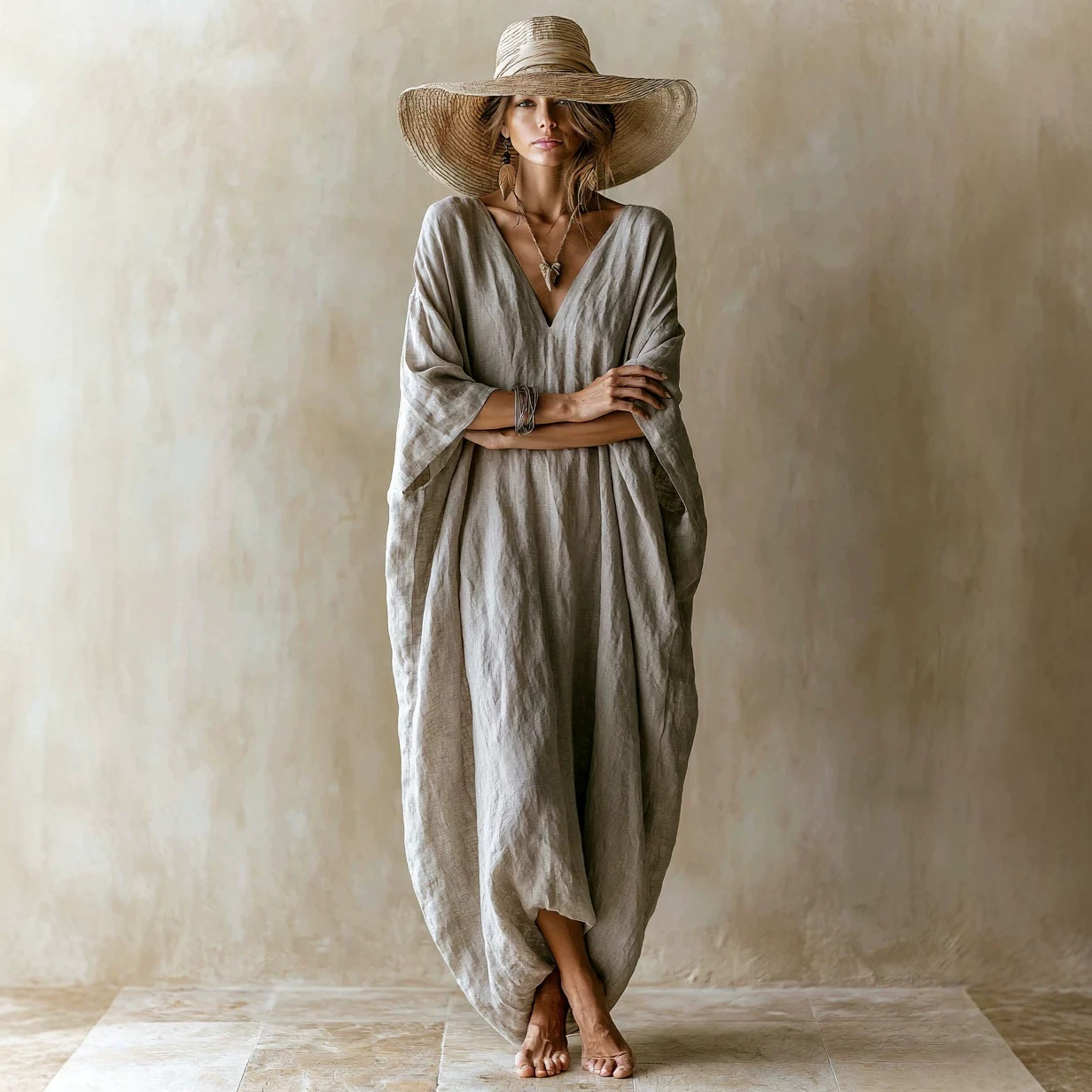 Lazy Linen V-Neck Batwing Sleeve Maxi Dress Loose Flowy Vacation