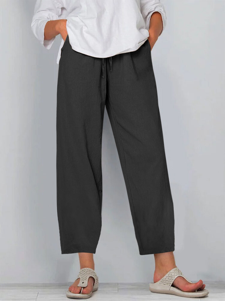 Women's Cotton-Linen Wide-Leg Pants with Elastic Waist Solid Color Casual Long Pants