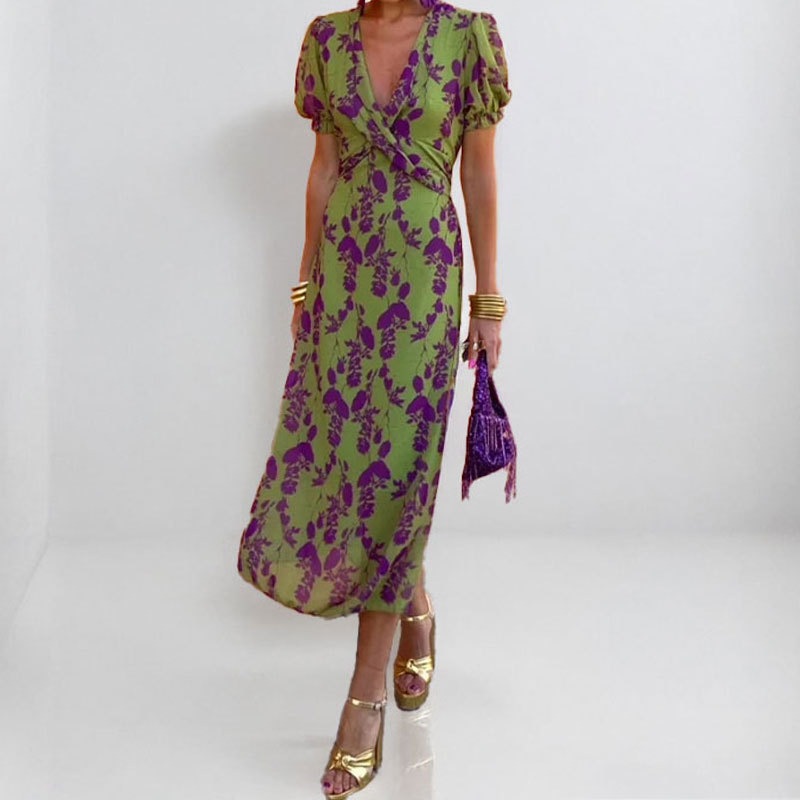 Floral Print V-Neck Ruched Waist Slim Fit Midi Dress