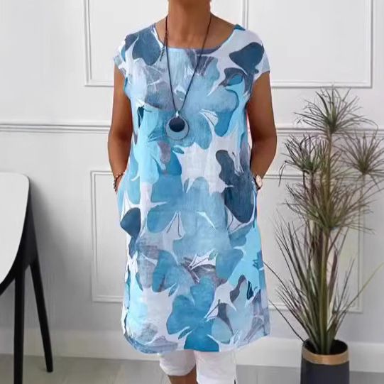 Floral Print Round Neck Loose Dress with Pockets