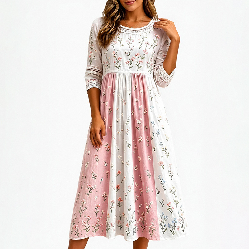 Women's Summer Printed Patchwork French Style Dress Casual A-Line Midi