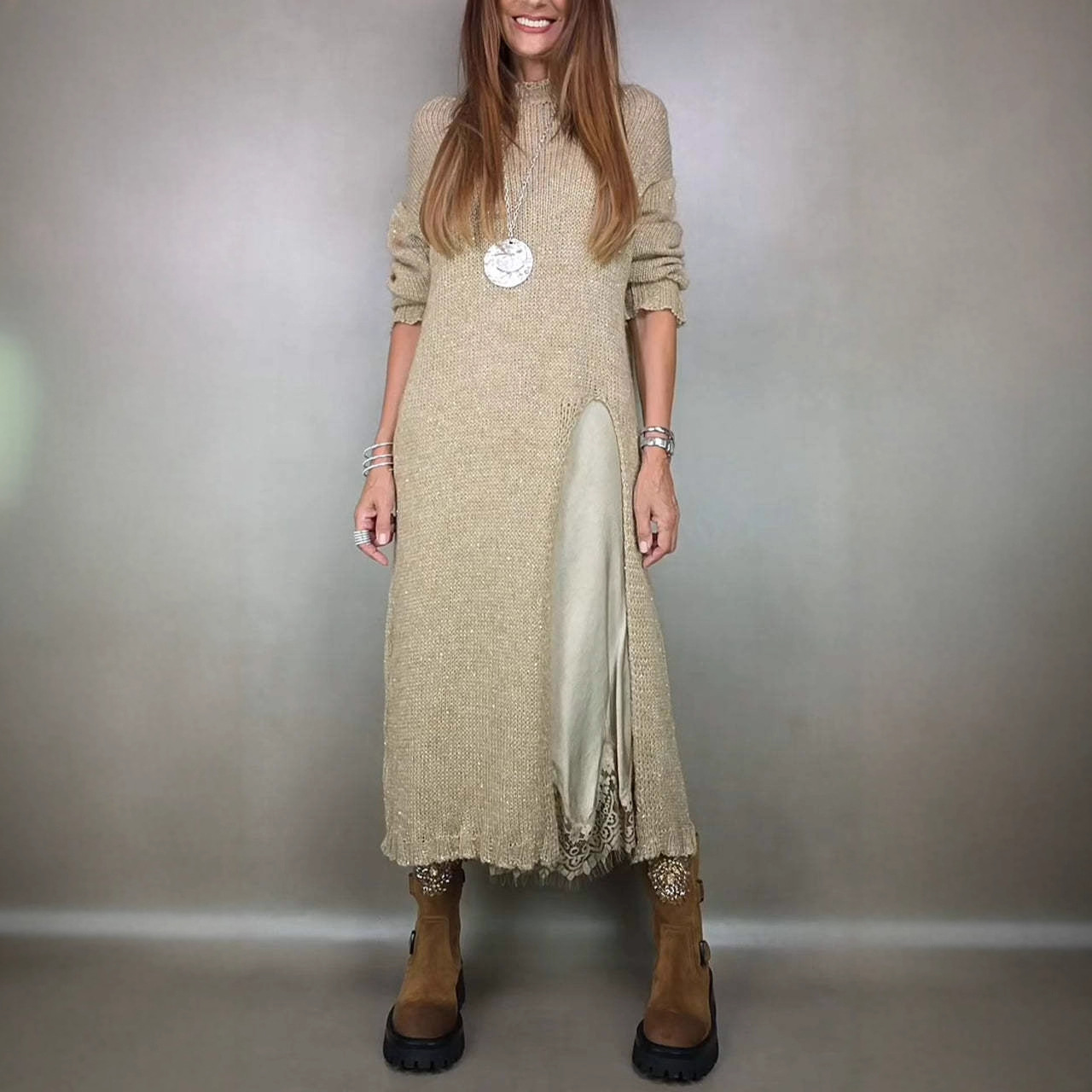 Lace Cami Slit Sweater Dress Two-Piece Set