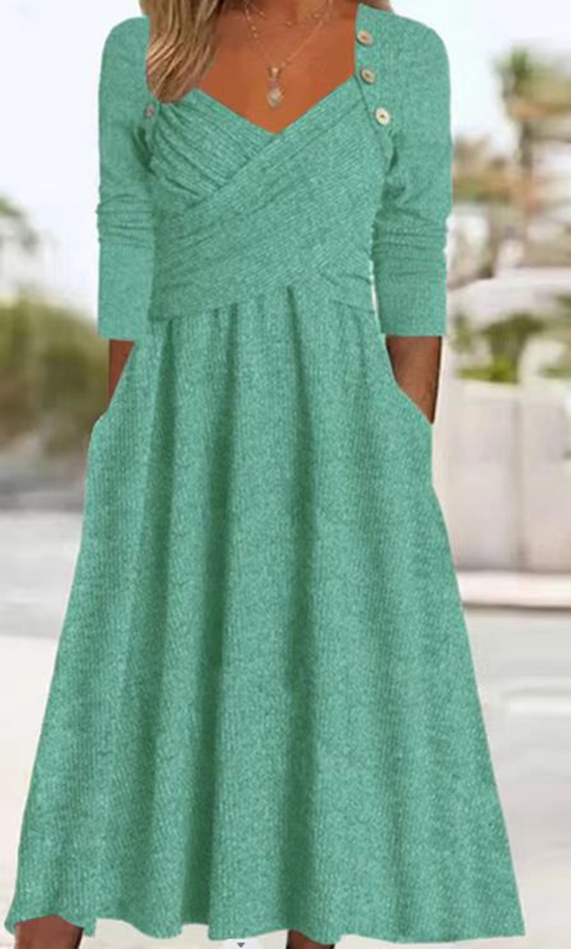 V-Neck Solid Color Long Sleeve Casual Dress