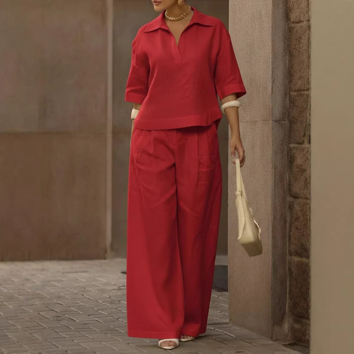 Women's Solid Color Two-Piece Wide-Leg Pants Set Slimming Versatile