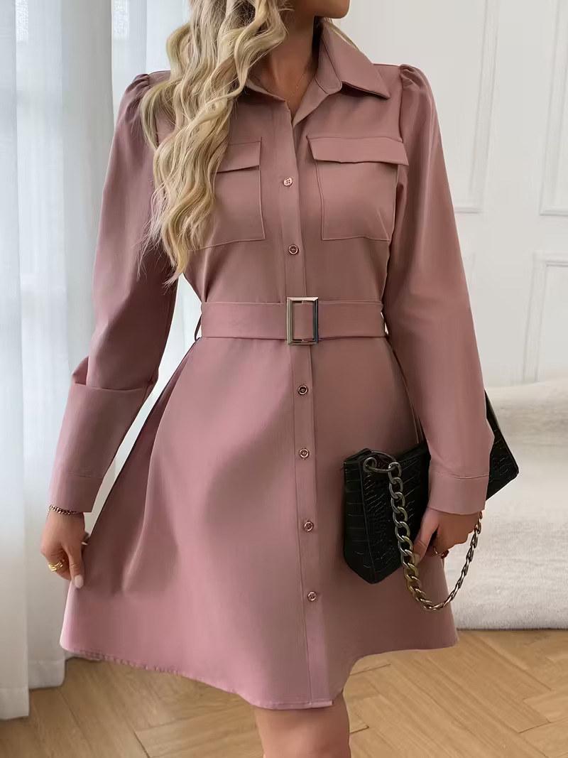 Elegant Puff Sleeve Belted Shirt Dress with Pockets